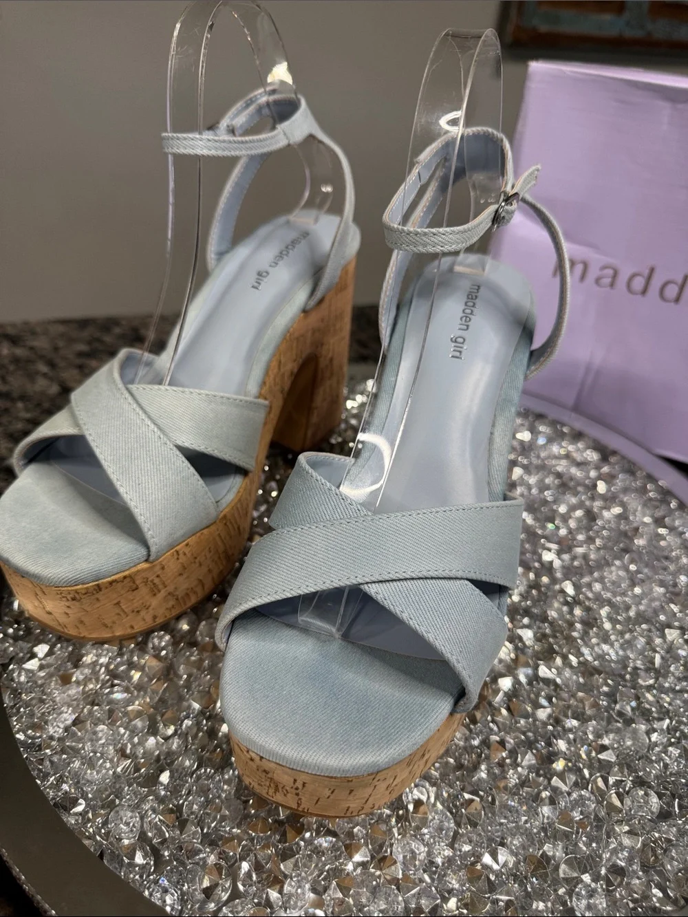 Madden Girl RIIO denim Pale Blue Cork Platform Heels NEW 8.5